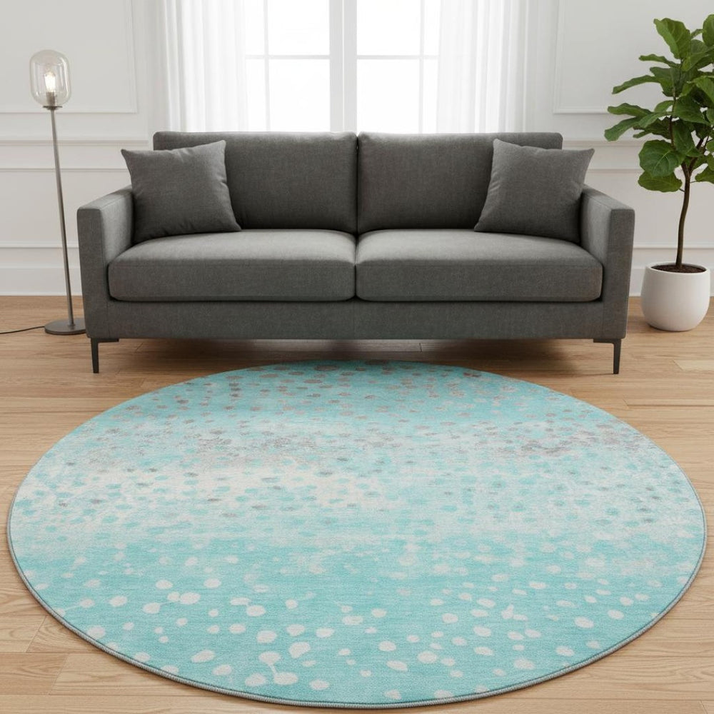 HomeRoots 8' Aqua Gray & Ivory Polka Dot Washable Round Rug - Durable, UV Protected, Kid & Pet-Friendly Design 693237