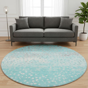 HomeRoots 8' Aqua Gray & Ivory Polka Dot Washable Round Rug - Durable, UV Protected, Kid & Pet-Friendly Design 693237
