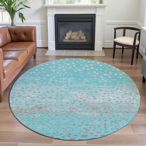 HomeRoots 8' Aqua Gray & Ivory Polka Dot Washable Round Rug - Durable, UV Protected, Kid & Pet-Friendly Design 693237