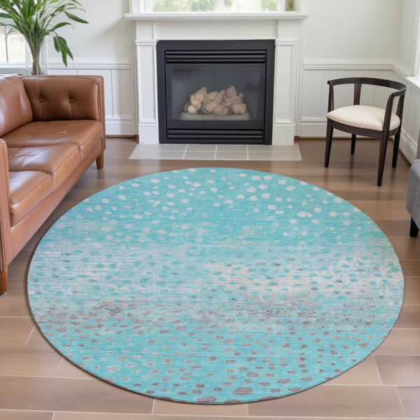 HomeRoots 8' Aqua Gray & Ivory Polka Dot Washable Round Rug - Durable, UV Protected, Kid & Pet-Friendly Design 693237