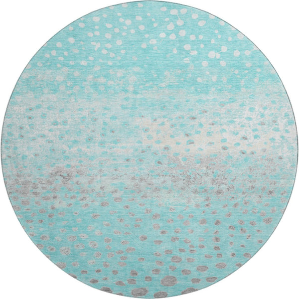 HomeRoots 8' Aqua Gray & Ivory Polka Dot Washable Round Rug - Durable, UV Protected, Kid & Pet-Friendly Design 693237