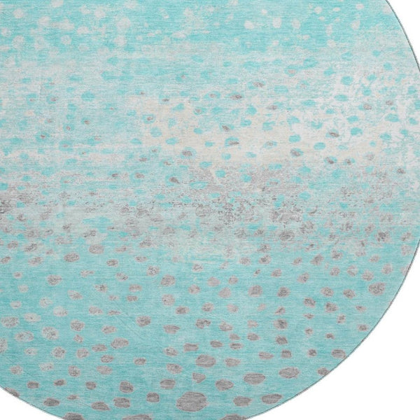 HomeRoots 8' Aqua Gray & Ivory Polka Dot Washable Round Rug - Durable, UV Protected, Kid & Pet-Friendly Design 693237