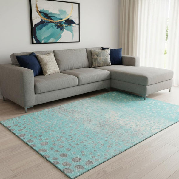 HomeRoots 8' Aqua Gray & Ivory Polka Dot Washable Area Rug – Stylish, Stain-Resistant, UV Protected & Easy Care! 693238