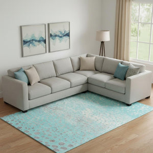 HomeRoots 9' X 12' Aqua Gray and Ivory Polka Dot Area Rug - Washable, Stain Resistant & UV Protected Comfort 693239