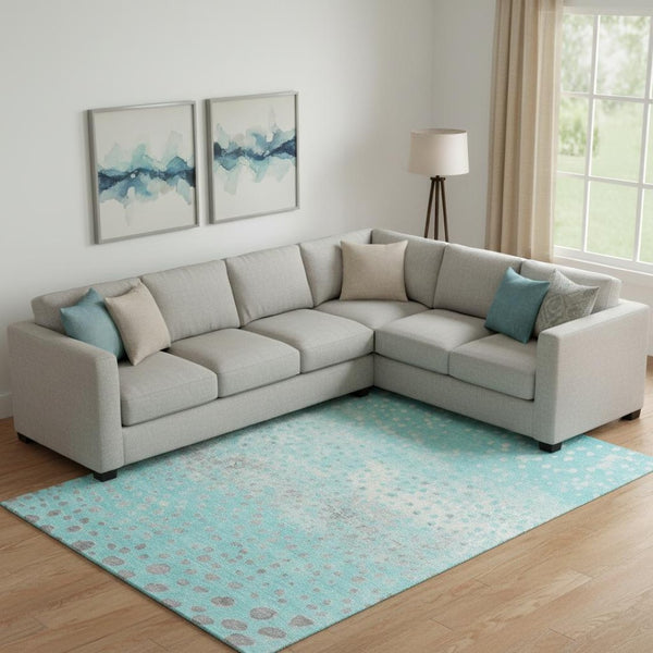 HomeRoots 9' X 12' Aqua Gray and Ivory Polka Dot Area Rug - Washable, Stain Resistant & UV Protected Comfort 693239
