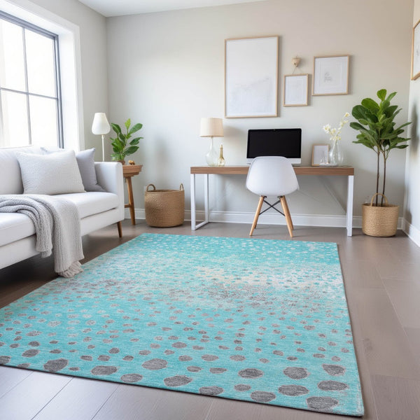 HomeRoots 9' X 12' Aqua Gray and Ivory Polka Dot Area Rug - Washable, Stain Resistant & UV Protected Comfort 693239