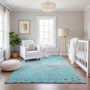 HomeRoots 9' X 12' Aqua Gray and Ivory Polka Dot Area Rug - Washable, Stain Resistant & UV Protected Comfort 693239