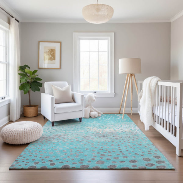 HomeRoots 9' X 12' Aqua Gray and Ivory Polka Dot Area Rug - Washable, Stain Resistant & UV Protected Comfort 693239