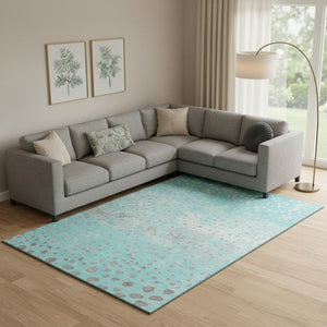 HomeRoots 10' Aqua Gray Ivory Polka Dot Area Rug – Washable, UV Protected, Soft Durable for High-Traffic Spaces 693240