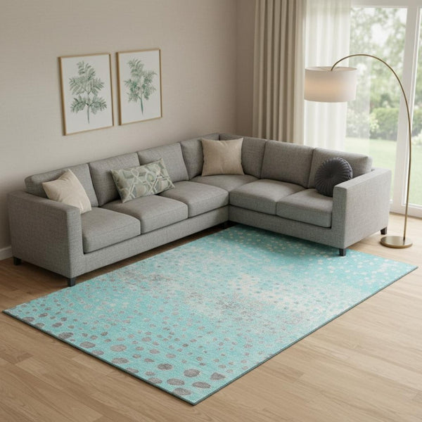 HomeRoots 10' Aqua Gray Ivory Polka Dot Area Rug – Washable, UV Protected, Soft Durable for High-Traffic Spaces 693240