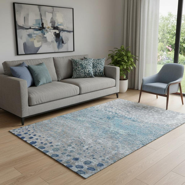 HomeRoots 5' X 8' Gray Ivory Blue Polka Dot Area Rug - Washable, Stain Resistant, UV Protected & Non-Slip! 693248