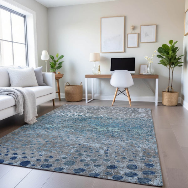 HomeRoots 5' X 8' Gray Ivory Blue Polka Dot Area Rug - Washable, Stain Resistant, UV Protected & Non-Slip! 693248