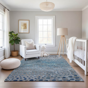 HomeRoots 5' X 8' Gray Ivory Blue Polka Dot Area Rug - Washable, Stain Resistant, UV Protected & Non-Slip! 693248