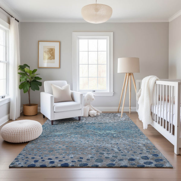 HomeRoots 5' X 8' Gray Ivory Blue Polka Dot Area Rug - Washable, Stain Resistant, UV Protected & Non-Slip! 693248