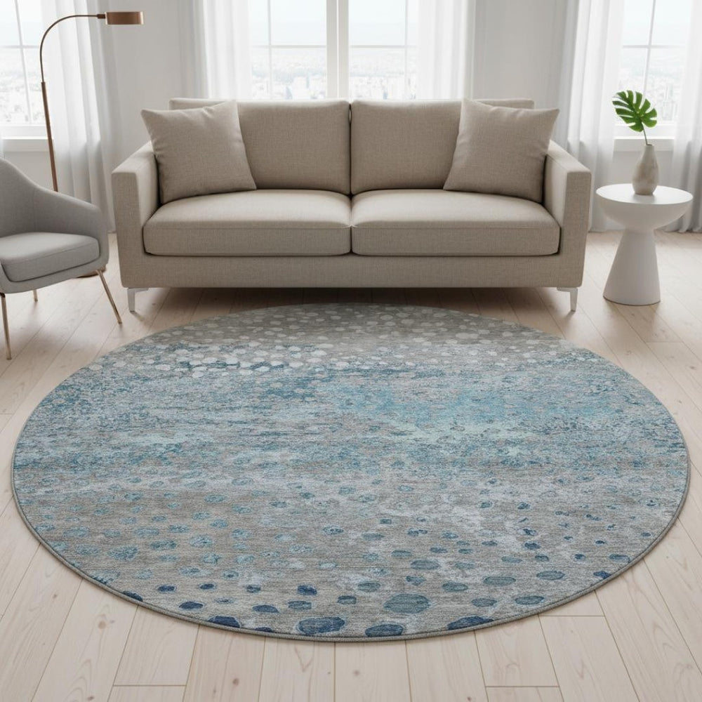 HomeRoots 8' Round Gray, Ivory & Blue Polka Dot Washable Area Rug with UV Protection – Perfect for Kids & Pets! 693249