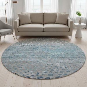 HomeRoots 8' Round Gray, Ivory & Blue Polka Dot Washable Area Rug with UV Protection – Perfect for Kids & Pets! 693249