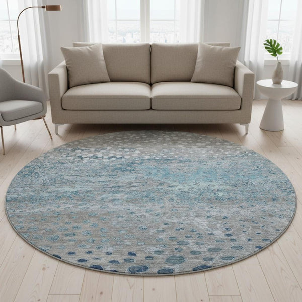 HomeRoots 8' Round Gray, Ivory & Blue Polka Dot Washable Area Rug with UV Protection – Perfect for Kids & Pets! 693249