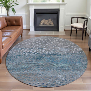 HomeRoots 8' Round Gray, Ivory & Blue Polka Dot Washable Area Rug with UV Protection – Perfect for Kids & Pets! 693249