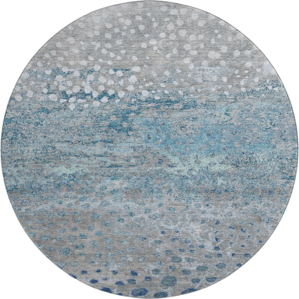 HomeRoots 8' Round Gray, Ivory & Blue Polka Dot Washable Area Rug with UV Protection – Perfect for Kids & Pets! 693249