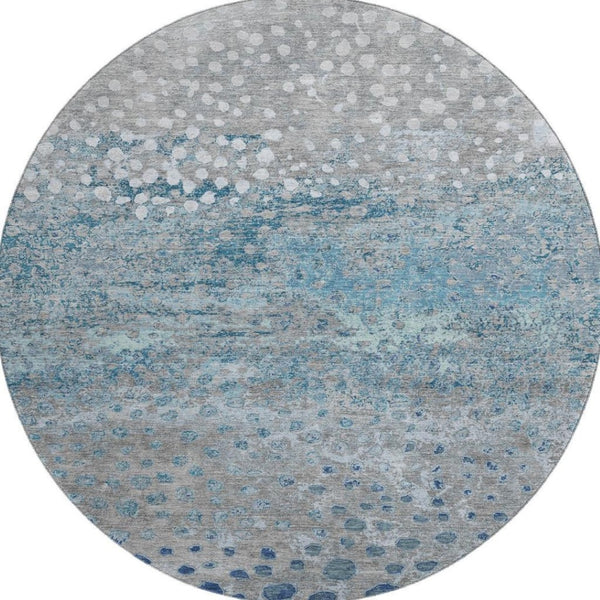 HomeRoots 8' Round Gray, Ivory & Blue Polka Dot Washable Area Rug with UV Protection – Perfect for Kids & Pets! 693249