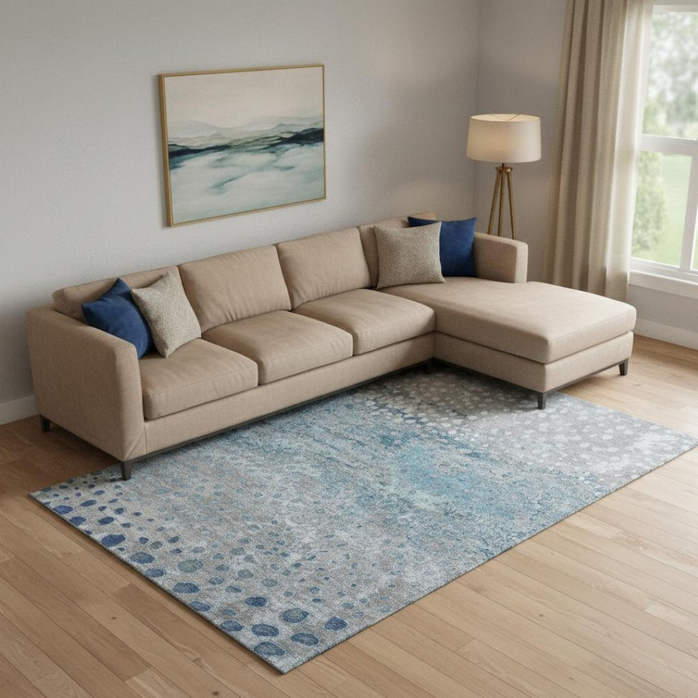 HomeRoots 9' X 12' Gray Ivory & Blue Polka Dot Area Rug - Washable, UV-Protected, Soft & Stain-Resistant Comfort 693251