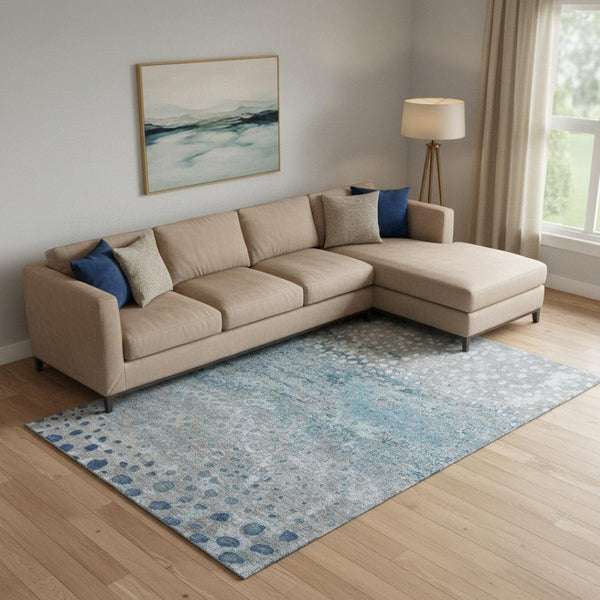 HomeRoots 9' X 12' Gray Ivory & Blue Polka Dot Area Rug - Washable, UV-Protected, Soft & Stain-Resistant Comfort 693251