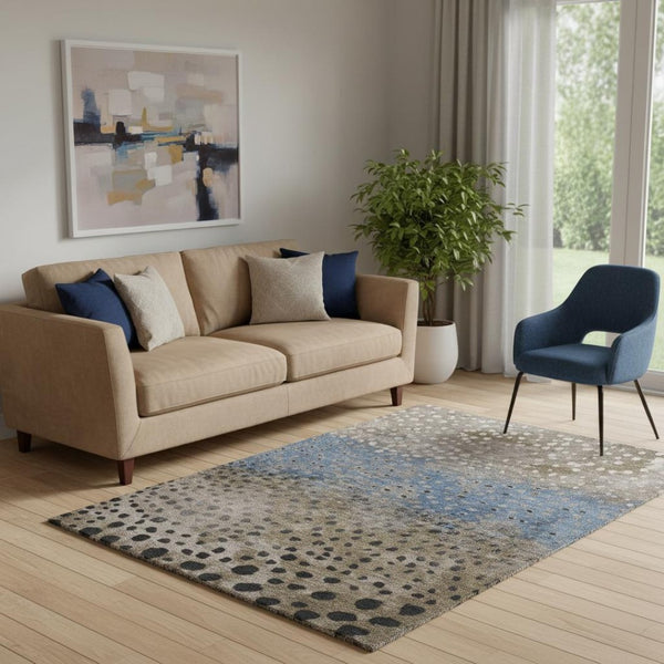 HomeRoots 5' X 8' Washable Khaki Blue & Ivory Polka Dot Area Rug with UV Protection for Stylish Home Decor 693254