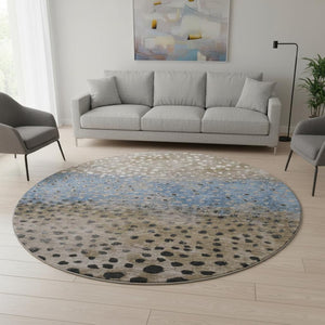 HomeRoots 8' X 8' Washable Round Rug in Khaki Blue & Ivory Polka Dots - UV Protected, Stain-Resistant Style! 693255