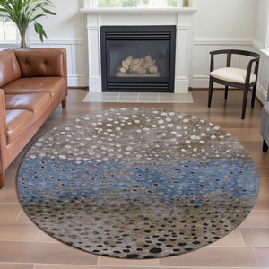 HomeRoots 8' X 8' Washable Round Rug in Khaki Blue & Ivory Polka Dots - UV Protected, Stain-Resistant Style! 693255