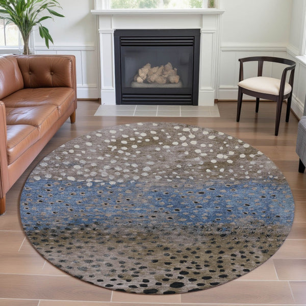 HomeRoots 8' X 8' Washable Round Rug in Khaki Blue & Ivory Polka Dots - UV Protected, Stain-Resistant Style! 693255