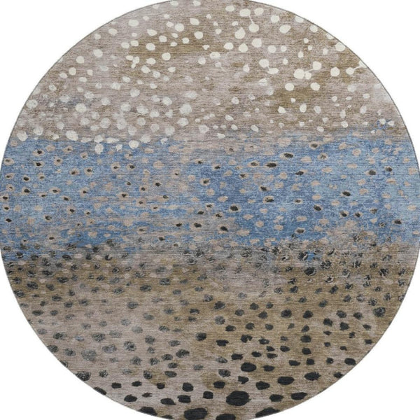 HomeRoots 8' X 8' Washable Round Rug in Khaki Blue & Ivory Polka Dots - UV Protected, Stain-Resistant Style! 693255