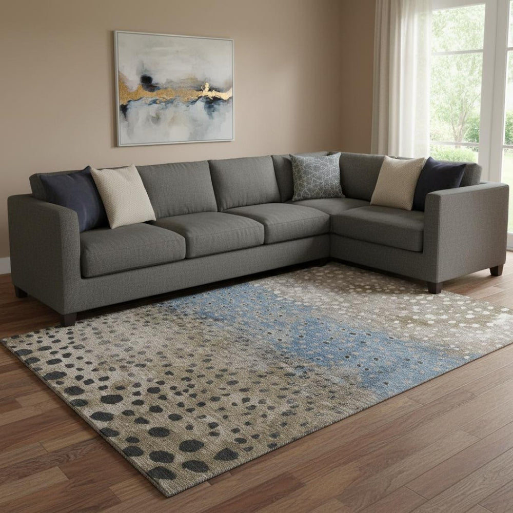 HomeRoots 8' Khaki Blue and Ivory Polka Dot Area Rug - UV Protected, Stain Resistant, Washable, Durable Comfort 693256