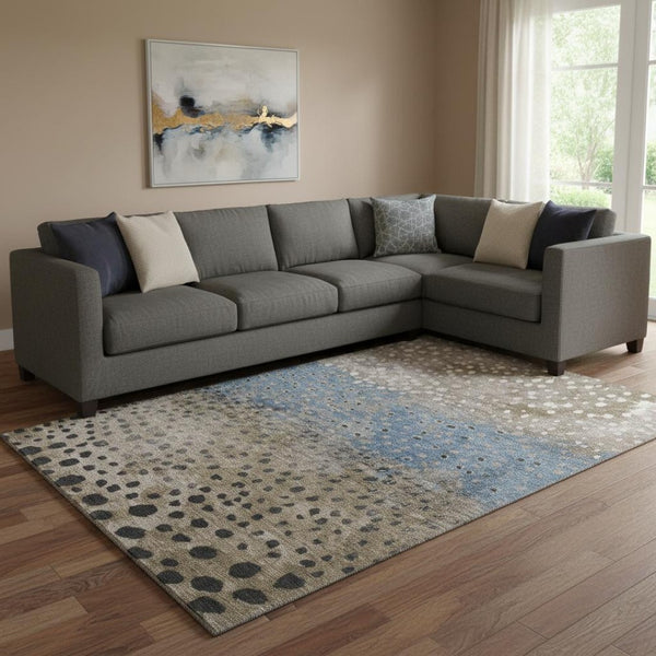 HomeRoots 8' Khaki Blue and Ivory Polka Dot Area Rug - UV Protected, Stain Resistant, Washable, Durable Comfort 693256