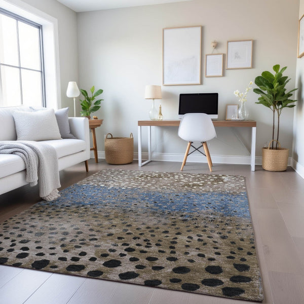 HomeRoots 9' X 12' Washable Area Rug in Khaki Blue Ivory Polka Dots – Durable, UV Protected for Homes & More 693257