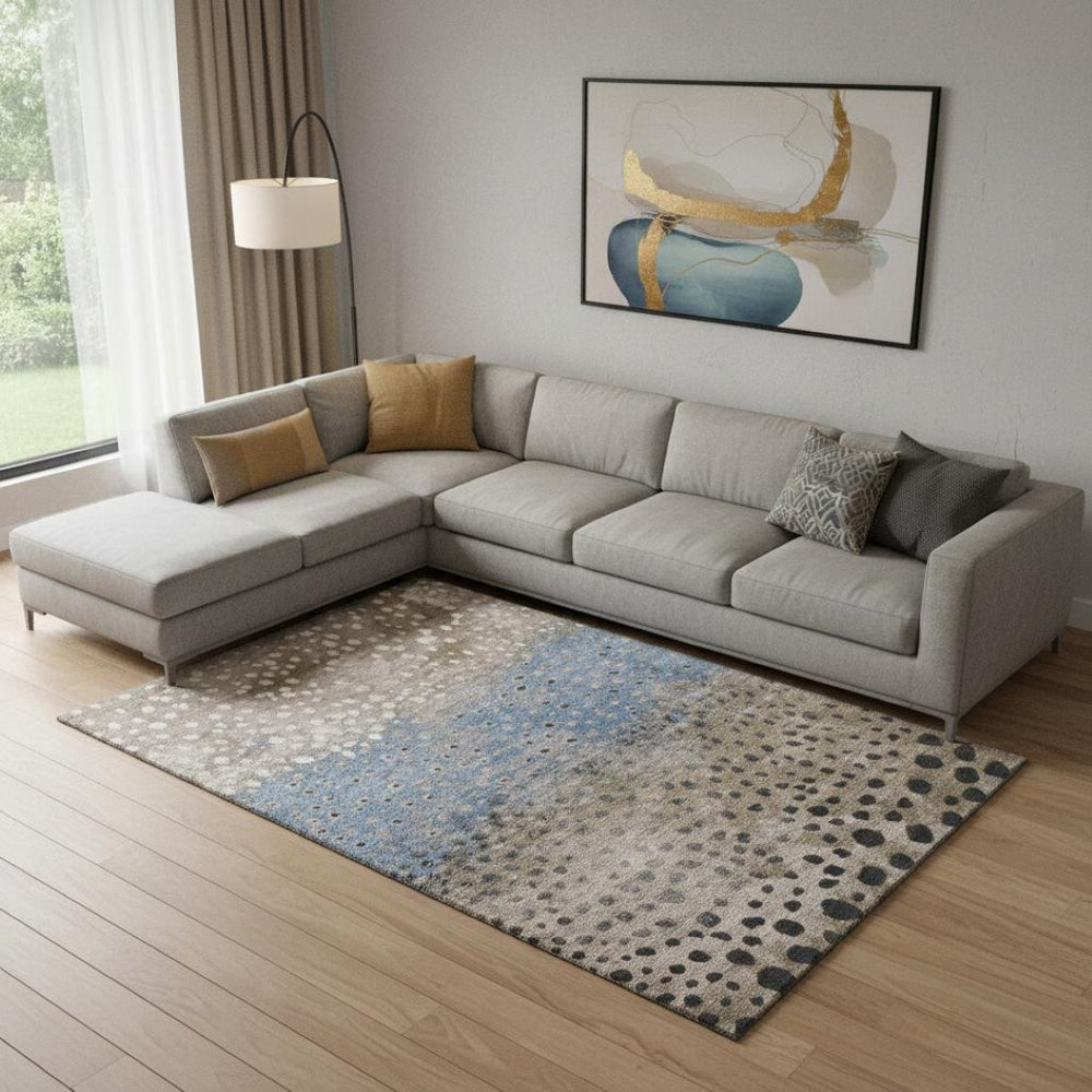 HomeRoots 10' X 14' Khaki Blue & Ivory Polka Dot Area Rug - Durable, Stain-Resistant, UV Protected Design! 693258