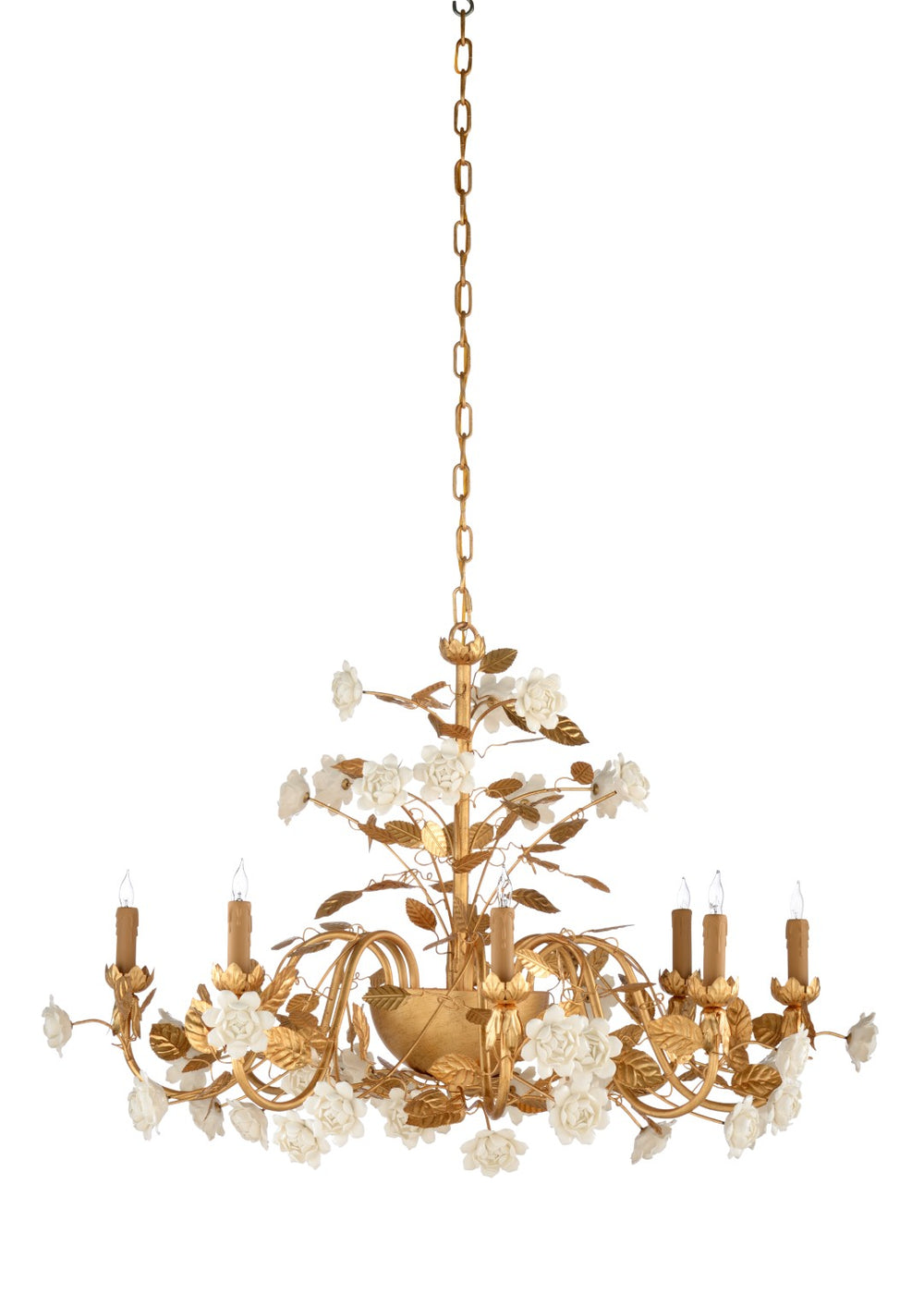 Chelsea House Queensland Chandelier — Antique Gold Leaf Iron Eight-Light With Handcrafted White Ceramic Roses, 30" 69326