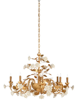 Chelsea House Queensland Chandelier — Antique Gold Leaf Iron Eight-Light With Handcrafted White Ceramic Roses, 30" 69326