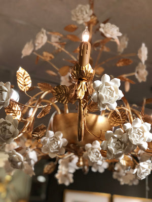 Chelsea House Queensland Chandelier — Antique Gold Leaf Iron Eight-Light With Handcrafted White Ceramic Roses, 30" 69326