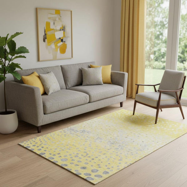 HomeRoots 5' X 8' Washable Yellow Gray Ivory Polka Dot Area Rug with UV Protection for Playful Spaces 693260