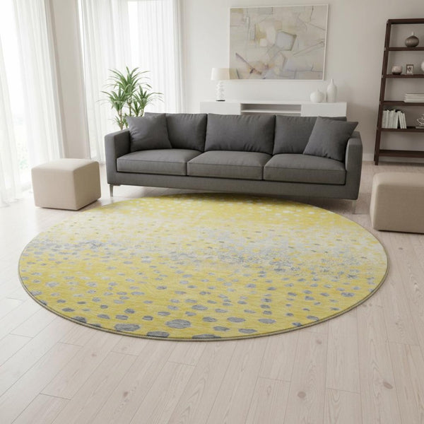 HomeRoots 8' X 8' Washable Round Rug with UV Protection - Cheerful Yellow, Gray & Ivory Polka Dot Design for Kids 693261