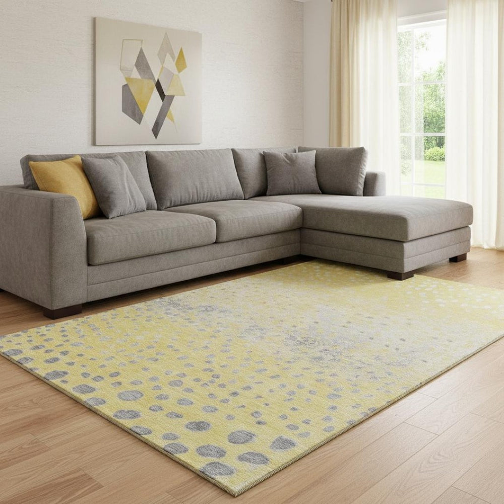 HomeRoots 8' Cheerful Yellow Gray Ivory Polka Dot Area Rug - Durable, Washable, UV Protected & Non-Slip 693262