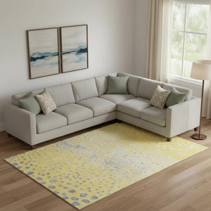 HomeRoots 9' X 12' Playful Yellow, Gray & Ivory Polka Dot Area Rug – Washable, UV-Protected, Durable Design! 693263