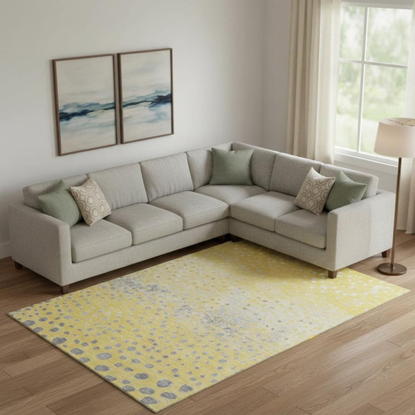 HomeRoots 9' X 12' Playful Yellow, Gray & Ivory Polka Dot Area Rug – Washable, UV-Protected, Durable Design! 693263