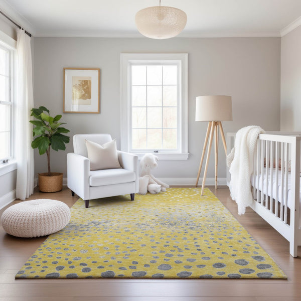 HomeRoots 9' X 12' Playful Yellow, Gray & Ivory Polka Dot Area Rug – Washable, UV-Protected, Durable Design! 693263