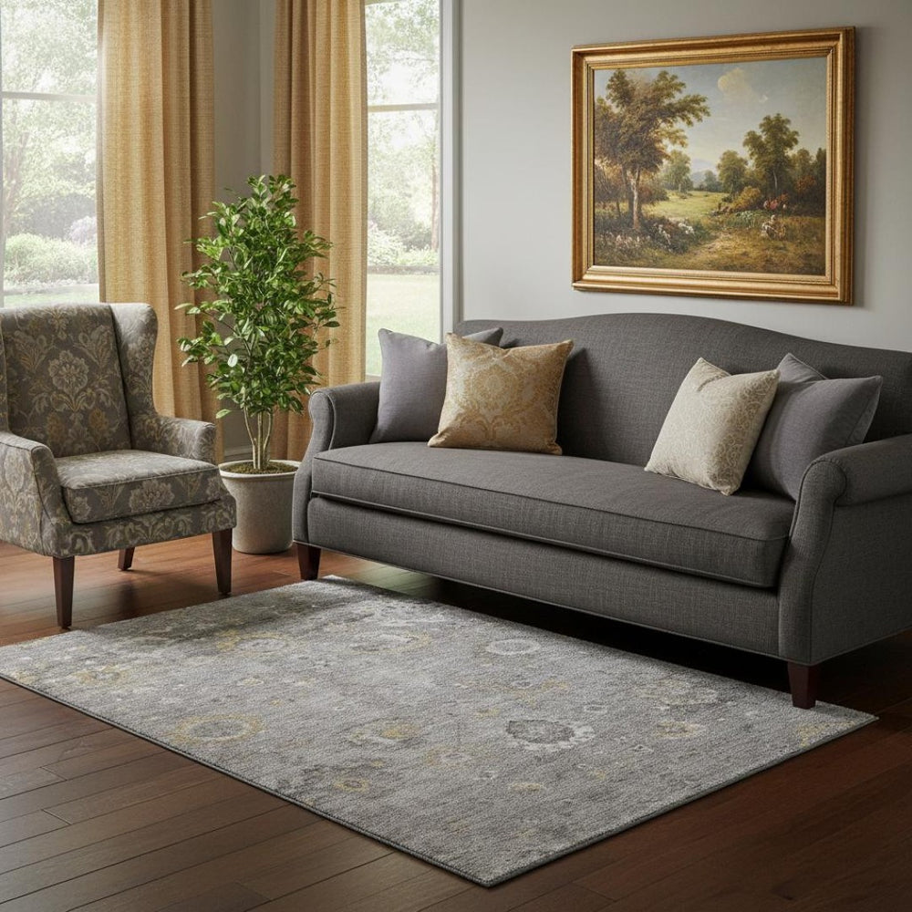 HomeRoots 5' X 8' Elegant Gray Gold Ivory Oriental Washable Area Rug - UV Protected, Stain Resistant & Durable 693266