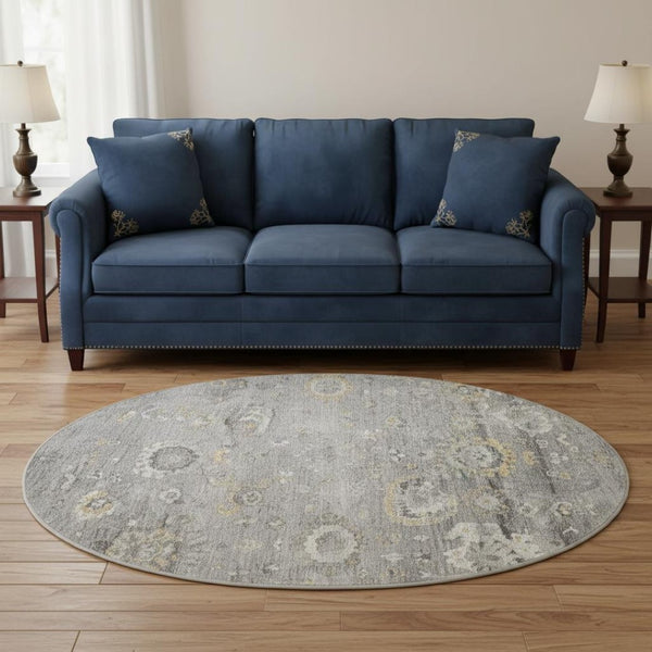 HomeRoots 8' Round Gray Gold and Ivory Oriental Washable Rug – Durable, UV-Protected, Stylish for Home & More! 693267