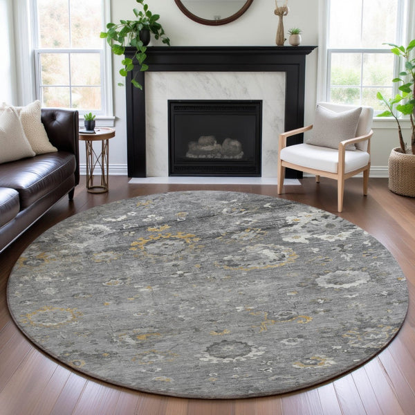 HomeRoots 8' Round Gray Gold and Ivory Oriental Washable Rug – Durable, UV-Protected, Stylish for Home & More! 693267