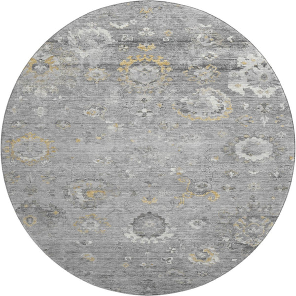 HomeRoots 8' Round Gray Gold and Ivory Oriental Washable Rug – Durable, UV-Protected, Stylish for Home & More! 693267