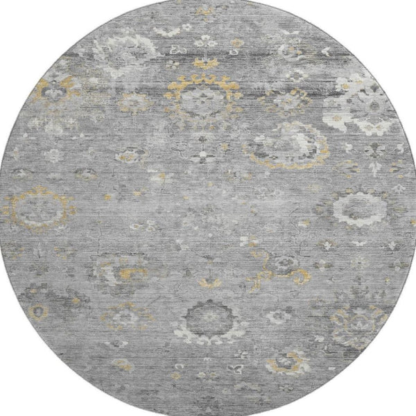 HomeRoots 8' Round Gray Gold and Ivory Oriental Washable Rug – Durable, UV-Protected, Stylish for Home & More! 693267