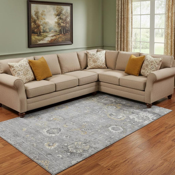 HomeRoots 8' Elegant Gray Gold and Ivory Washable Oriental Area Rug with UV Protection for Busy Homes 693268